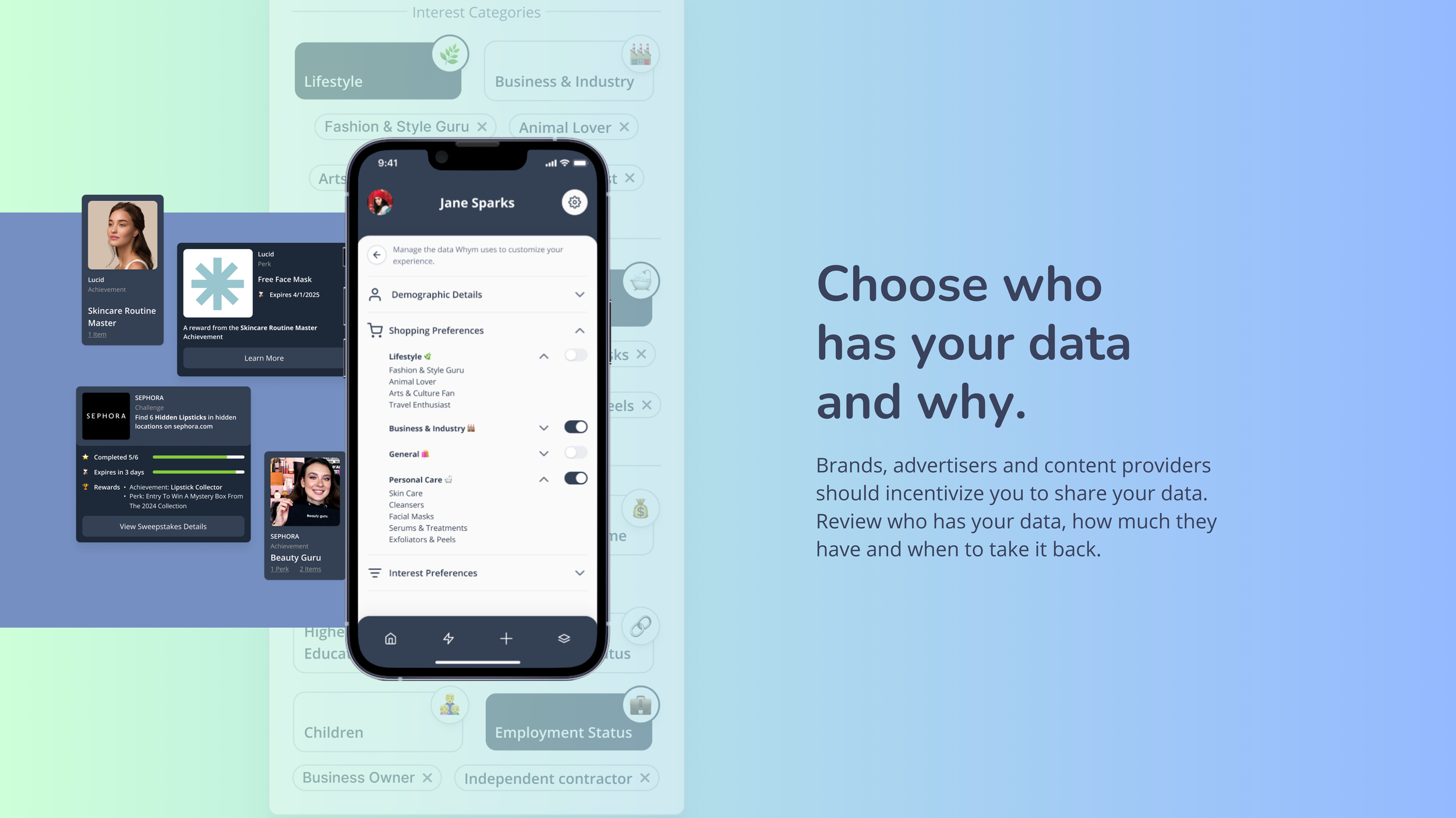 Zero-party data slide reading "Choose who has your data and why" beside a phone showing data preference toggles